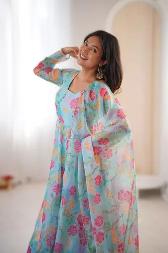 Sky blue sunkissed floral print organza readymade gown suit set with dupatta & pant