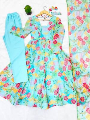 Sky blue sunkissed floral print organza readymade gown suit set with dupatta & pant 4
