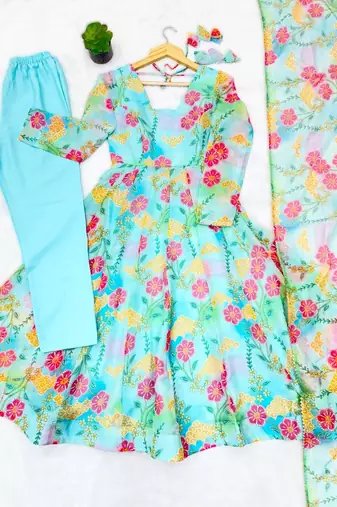 Sky blue sunkissed floral print organza readymade gown suit set with dupatta & pant
