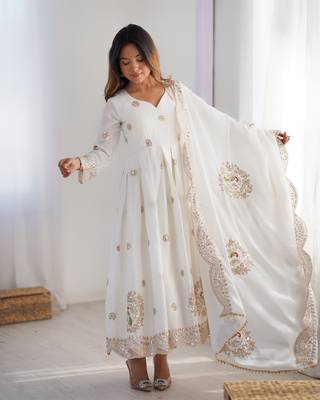 White chinon silk embroidered gown with dupatta & bottom set thread & sequin work party wear anarkali gown for women 1