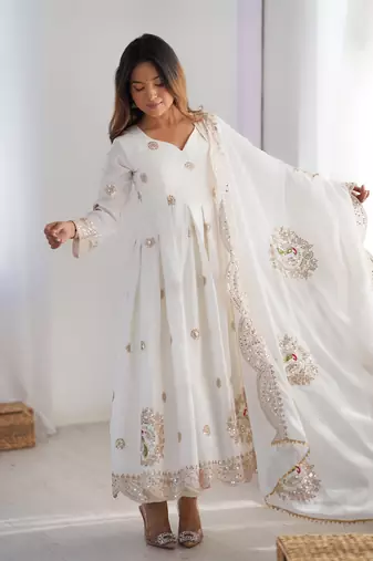 White chinon silk embroidered gown with dupatta & bottom set | thread & sequence work party wear anarkali gown for women