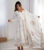 White chinon silk embroidered gown with dupatta & bottom set | thread & sequence work party wear anarkali gown for women