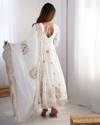 White chinon silk embroidered gown with dupatta & bottom set thread & sequin work party wear anarkali gown for women 2