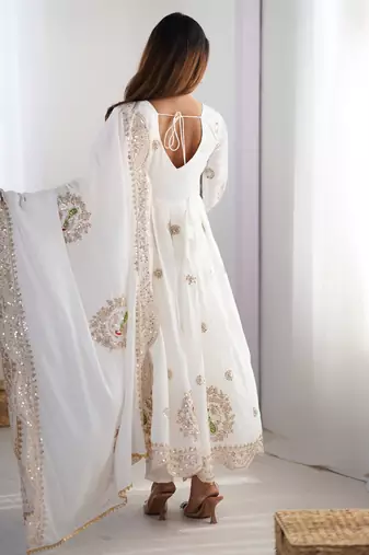 White chinon silk embroidered gown with dupatta & bottom set thread & sequin work party wear anarkali gown for women