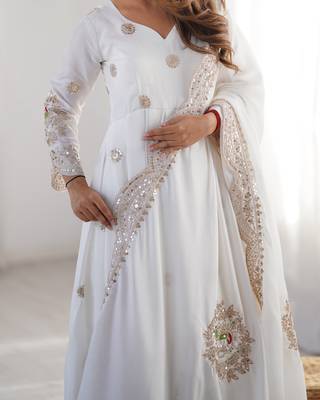 White chinon silk embroidered gown with dupatta & bottom set thread & sequin work party wear anarkali gown for women 3