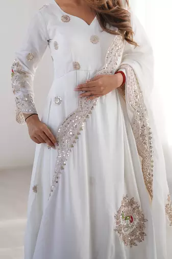 White chinon silk embroidered gown with dupatta & bottom set thread & sequin work party wear anarkali gown for women