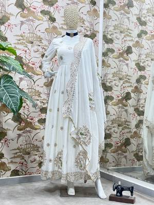 White chinon silk embroidered gown with dupatta & bottom set thread & sequin work party wear anarkali gown for women 4