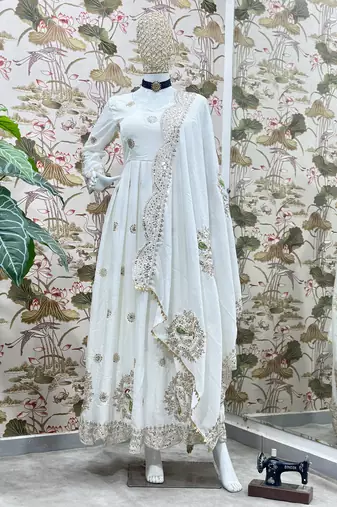 White chinon silk embroidered gown with dupatta & bottom set thread & sequin work party wear anarkali gown for women