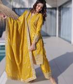 Yellow h.o fabric sequins & zari embroidered kurti pant dupatta set