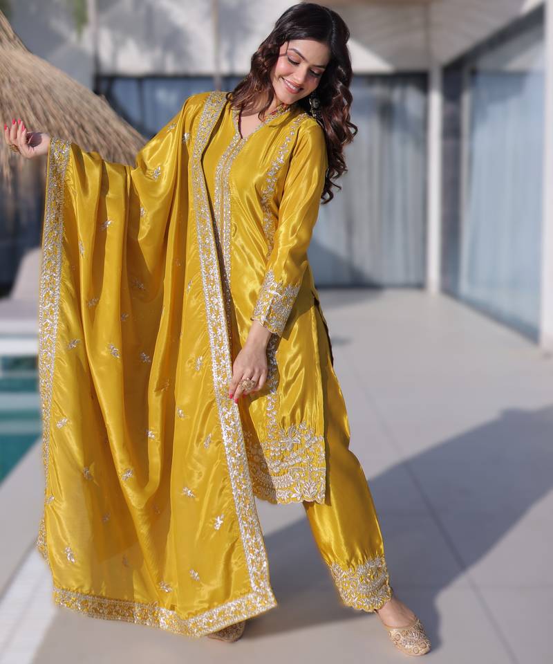 Yellow h.o fabric sequins & zari embroidered kurti pant dupatta set