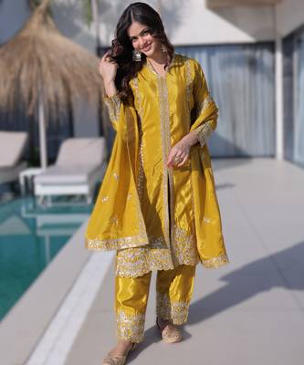 Yellow h.o fabric sequins & zari embroidered kurti pant dupatta set 3