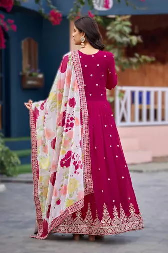 Rani pink premium readymade faux georgette gown with soft silk dupatta