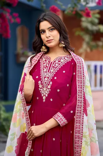 Rani pink premium readymade faux georgette gown with soft silk dupatta