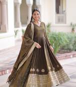 Brown  vichitra silk sequins embroidered gown with dupatta