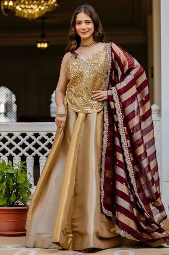 gold banarasi viscose lehenga choli with mirror work