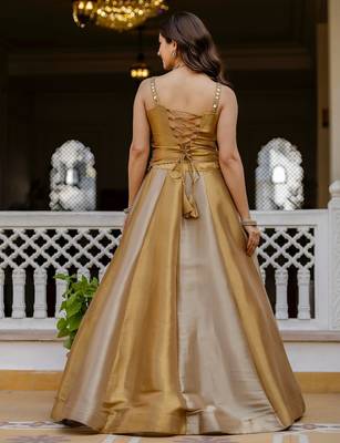 gold banarasi viscose lehenga choli with mirror work 2