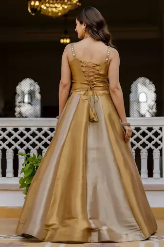 gold banarasi viscose lehenga choli with mirror work