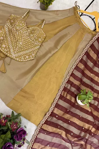gold banarasi viscose lehenga choli with mirror work