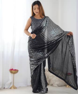 Silver  celebrity inspired multicolor sequins georgette saree with embroidered satin banglori blouse 1