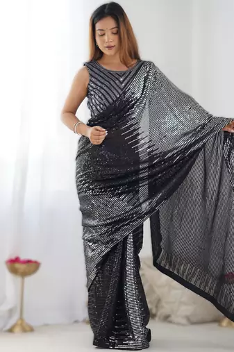 Silver premium celebrity inspired multicolor sequins georgette saree with embroidered satin banglori blouse
