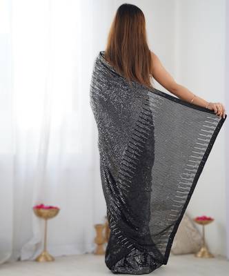 Silver  celebrity inspired multicolor sequins georgette saree with embroidered satin banglori blouse 2