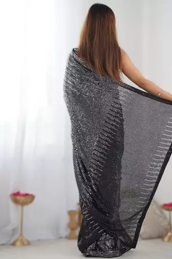 Silver premium celebrity inspired multicolor sequins georgette saree with embroidered satin banglori blouse