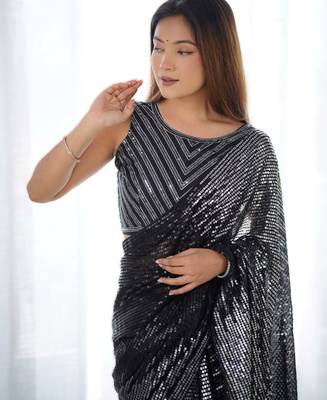 Silver  celebrity inspired multicolor sequins georgette saree with embroidered satin banglori blouse 3