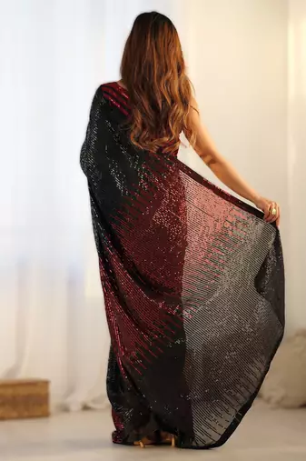 Red premium celebrity inspired multicolor sequins georgette saree with embroidered satin banglori blouse