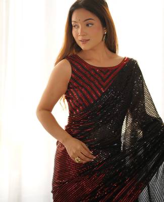 Red  celebrity inspired multicolor sequins georgette saree with embroidered satin banglori blouse 3
