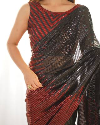 Red  celebrity inspired multicolor sequins georgette saree with embroidered satin banglori blouse 4