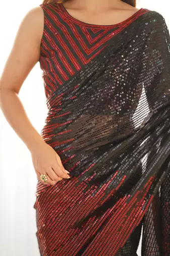 Red premium celebrity inspired multicolor sequins georgette saree with embroidered satin banglori blouse