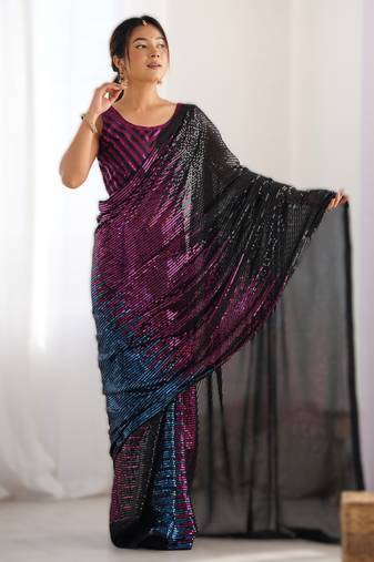 Pink premium celebrity inspired multicolor sequins georgette saree with embroidered satin banglori blouse