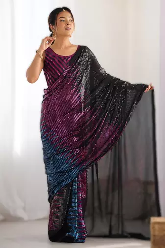 Pink premium celebrity inspired multicolor sequins georgette saree with embroidered satin banglori blouse