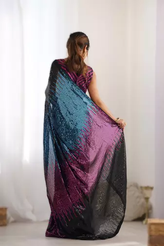 Pink premium celebrity inspired multicolor sequins georgette saree with embroidered satin banglori blouse