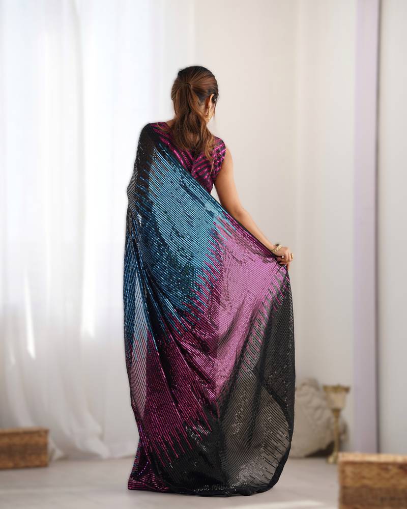 Pink premium celebrity inspired multicolor sequins georgette saree with embroidered satin banglori blouse