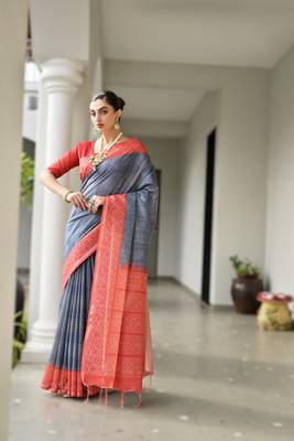 Navy blue soft desi tussar silk blend saree with unique ikkat painted design & pallu 1