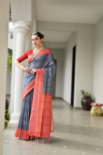 Navy blue soft desi tussar silk saree with unique ikkat painted design & traditional pallu