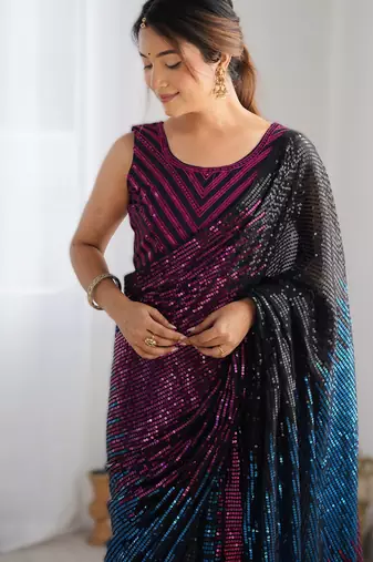 Pink premium celebrity inspired multicolor sequins georgette saree with embroidered satin banglori blouse