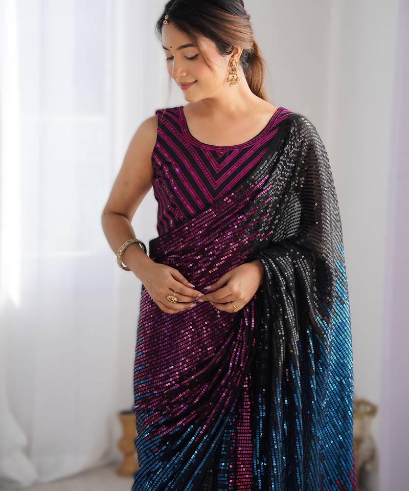 Pink premium celebrity inspired multicolor sequins georgette saree with embroidered satin banglori blouse