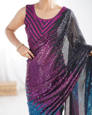 Pink  celebrity inspired multicolor sequins georgette saree with embroidered satin banglori blouse 4