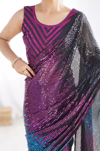 Pink premium celebrity inspired multicolor sequins georgette saree with embroidered satin banglori blouse
