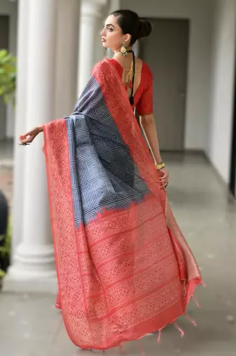Navy blue soft desi tussar silk blend saree with unique ikkat painted design & pallu