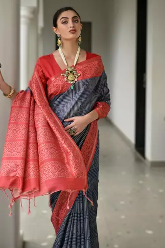 Navy blue soft desi tussar silk blend saree with unique ikkat painted design & pallu