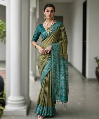Mehendi soft desi tussar silk blend saree with unique ikkat painted design & pallu 1