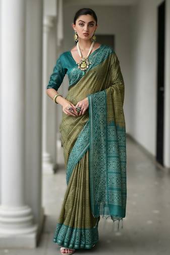 Mehendi soft desi tussar silk saree with unique ikkat painted design & traditional pallu