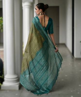 Mehendi soft desi tussar silk blend saree with unique ikkat painted design & pallu 2