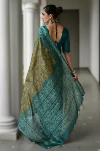 Mehendi soft desi tussar silk blend saree with unique ikkat painted design & pallu