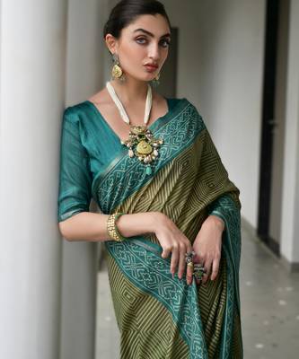 Mehendi soft desi tussar silk blend saree with unique ikkat painted design & pallu 3