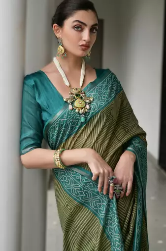 Mehendi soft desi tussar silk blend saree with unique ikkat painted design & pallu