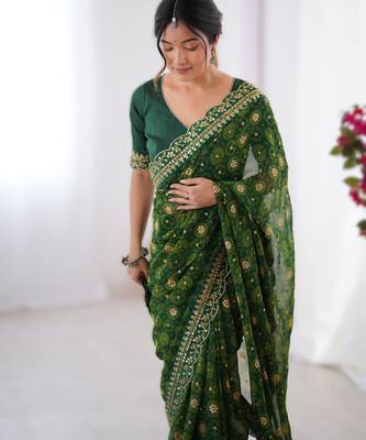 Green floral printed georgette chiffon saree with foil work & embroidered lace border 2